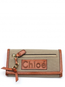 NEW Halley camel leather and beige canvas long wallet 