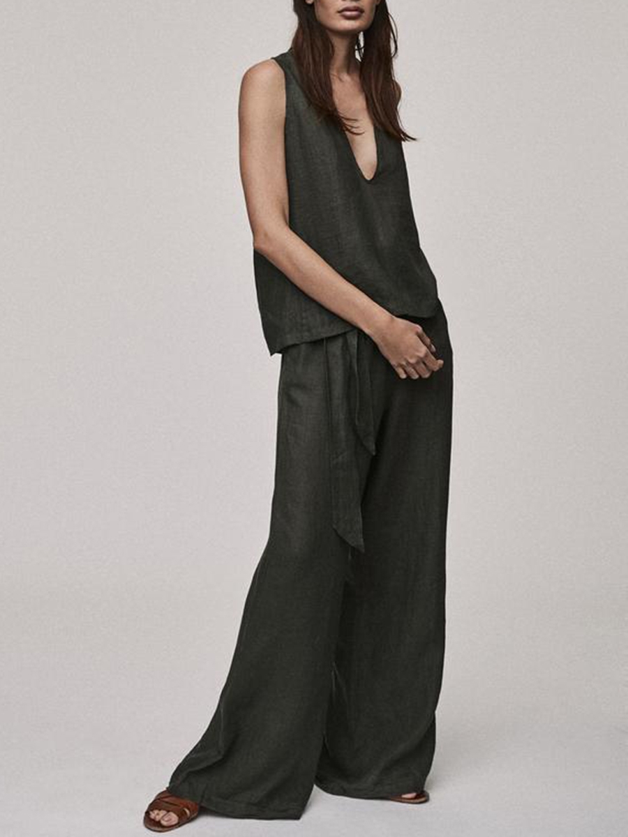 Louise Paris - ASCENO LONDON Large high waist belted pants in olive green linen Retail price â¬ 