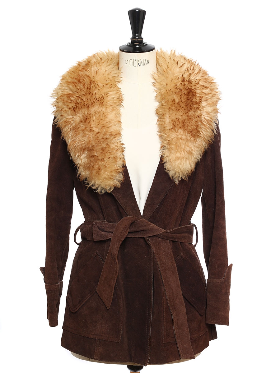 Louise Paris - VINTAGE Seventies style chocolate brown suede leather belted jacket with fur ...