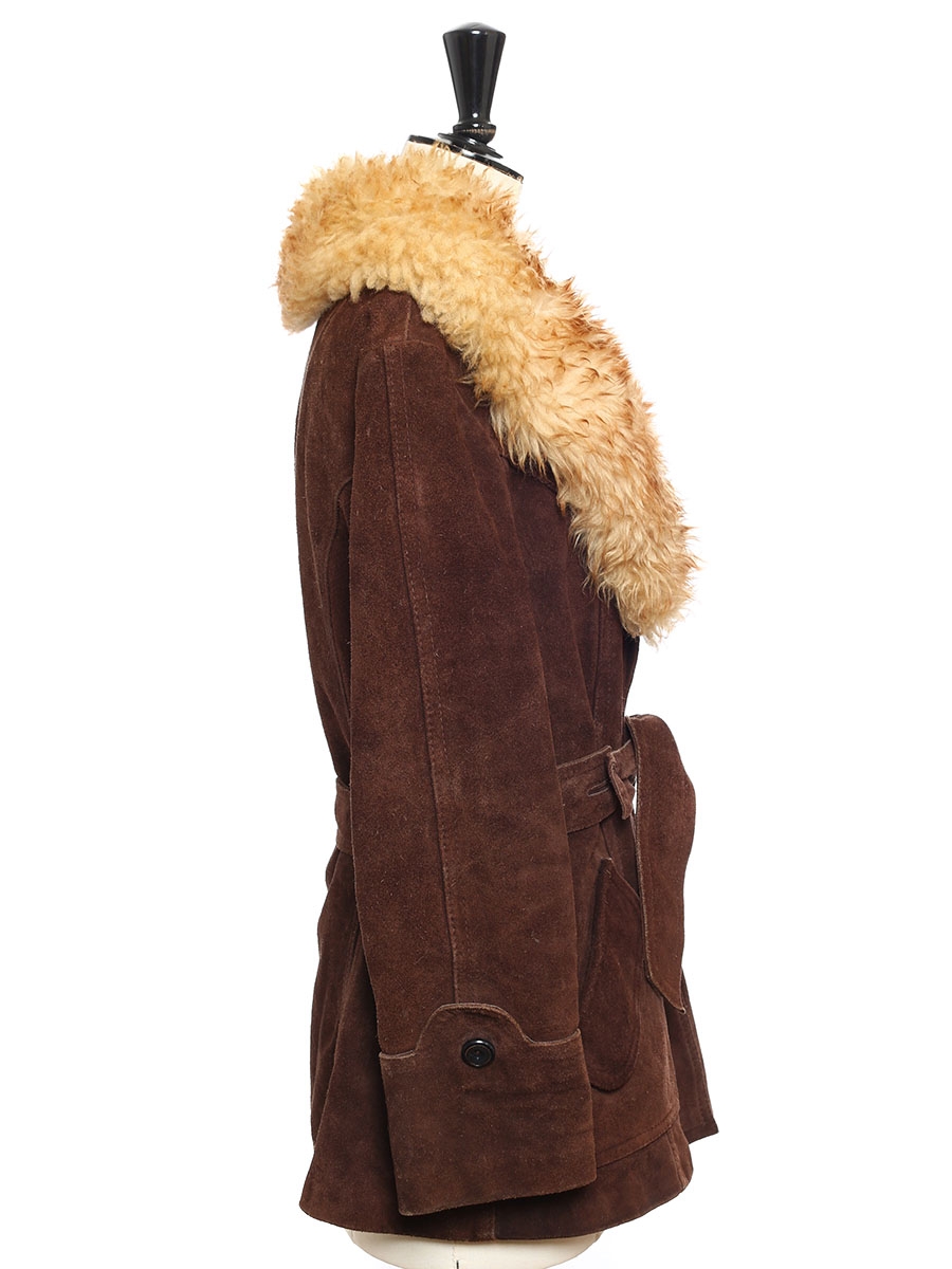 Louise Paris - VINTAGE Seventies style chocolate brown suede leather belted jacket with fur ...