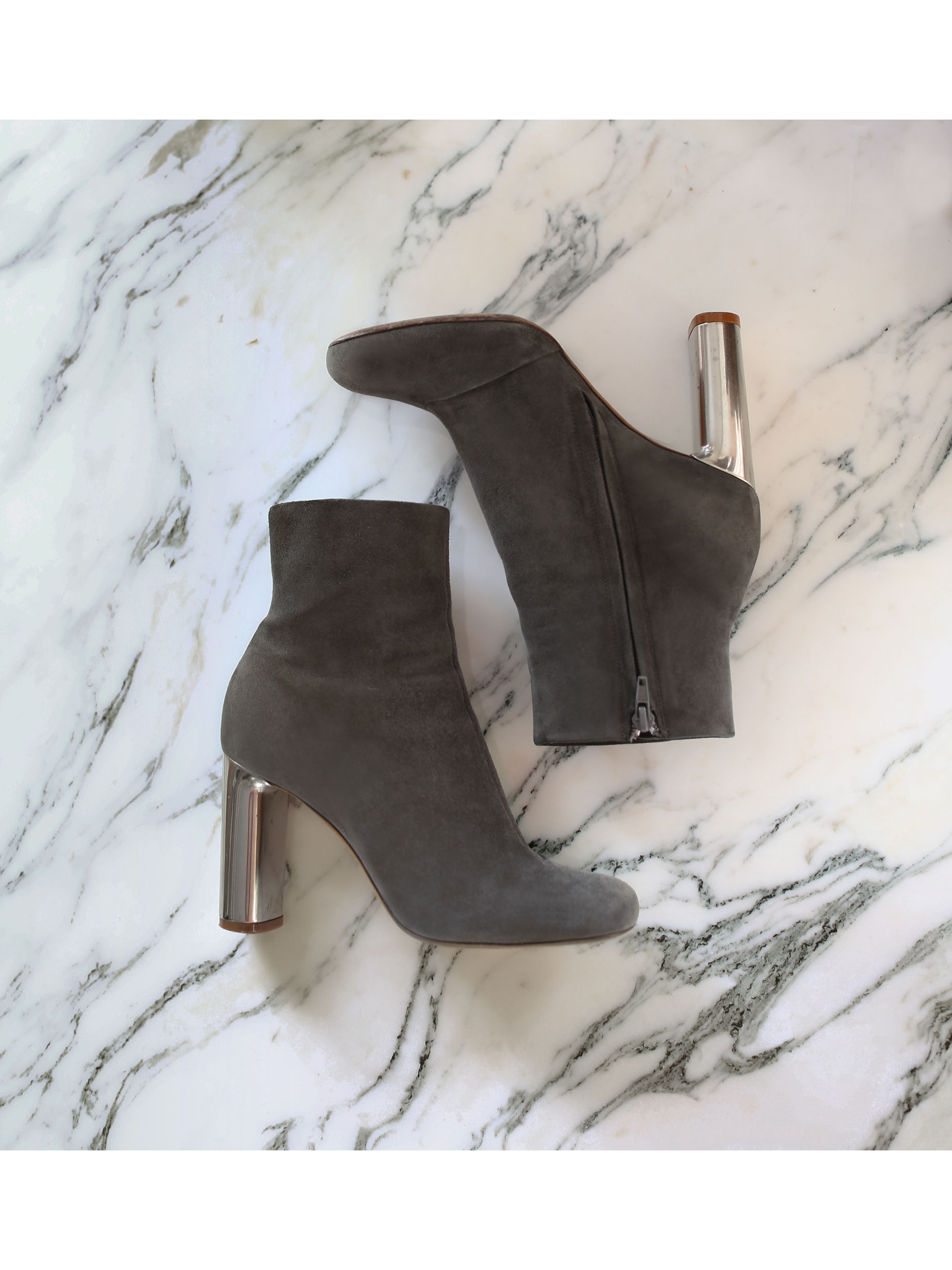 black ankle boots with silver heel