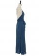 Robe longue à fines bretelles décolleté et ceinture ruban en satin bleu canard Taille 38