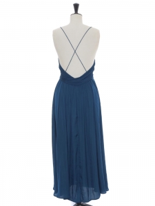 Robe longue à fines bretelles décolleté et ceinture ruban en satin bleu canard Taille 38