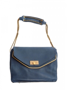SALLY Aegean blue grained leather shoulder bag and gold chain NEW Retail price €1710
