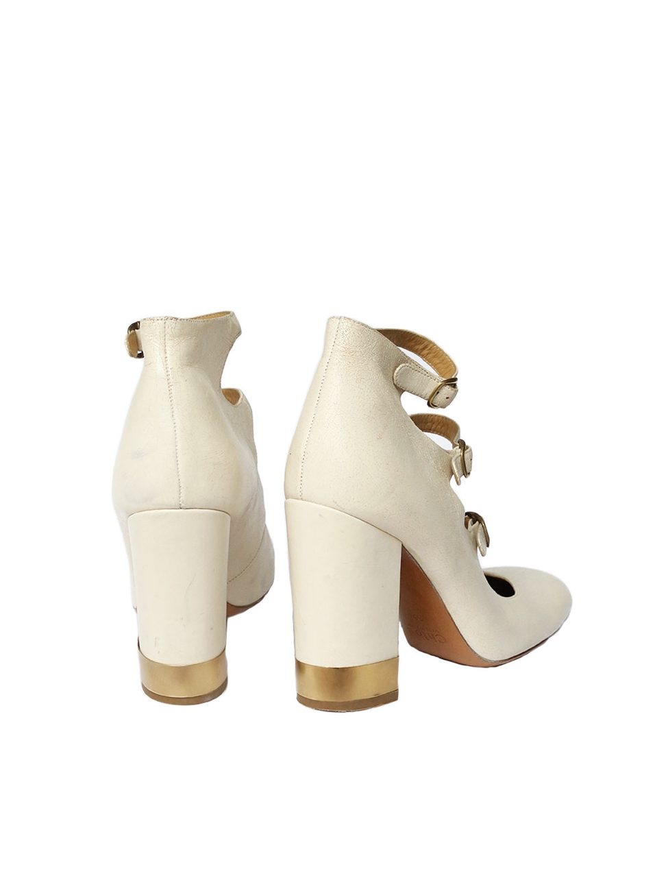 Boutique CHLOE Multi-strap with gold buckles ivory white distressed leather  pumps Retail price €600 Size 36