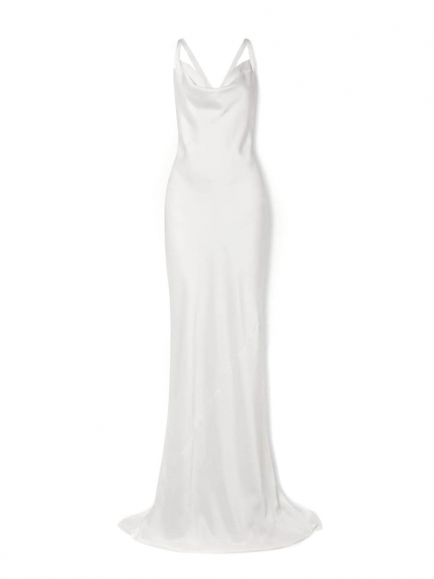 White satin deep open back with crossed straps wedding gown Size S