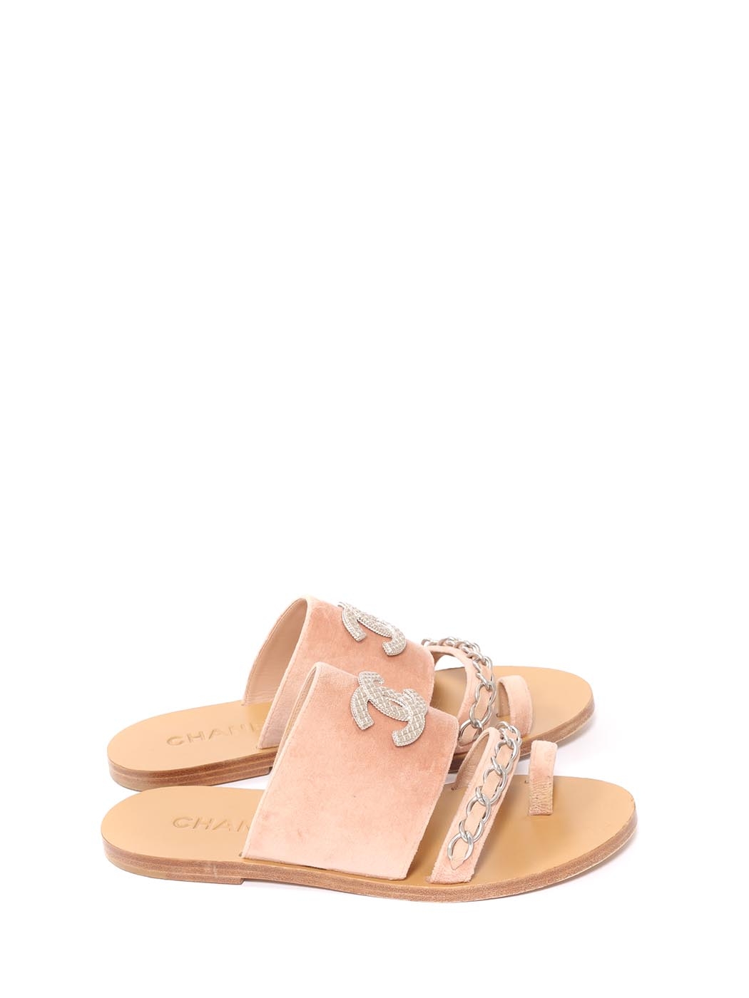 Boutique CHANEL Flat powder pink velvet sandals with CC silver