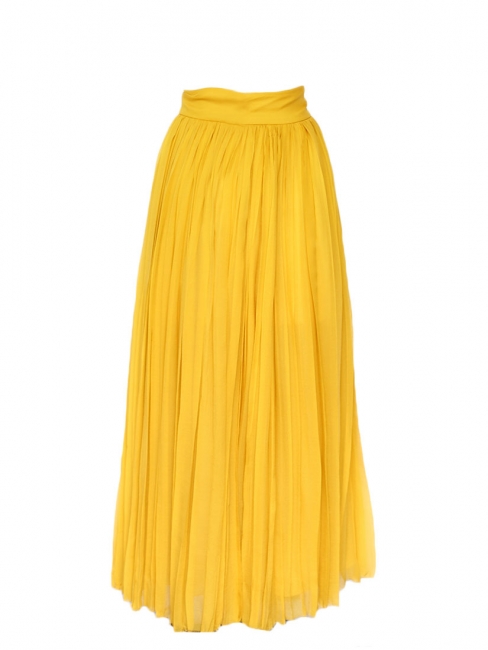 Mustard yellow silk chiffon pleated maxi skirt Retail price €2200 Size 36