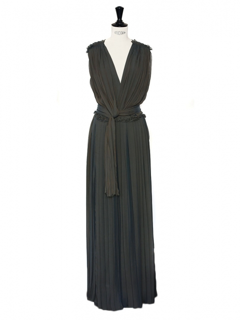 Green grey silk-blend draped pleated column dress NEW Retail price €3610 Size 34