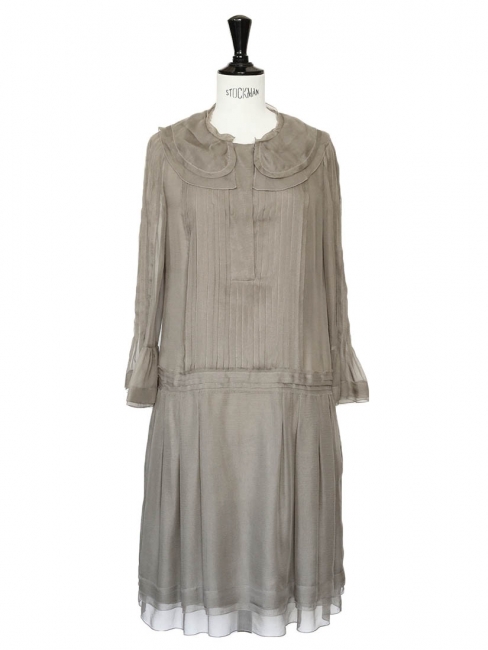 Pale khaki silk chiffon pleated dress NEW Retail price €3212 Size 34
