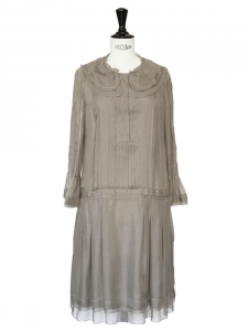 CHLOE Robe en mousseline de soie plissée kaki clair NEUVE Px boutique 3212€ Taille 34