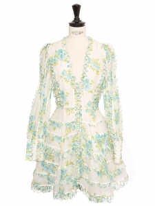 Whitewave Honeymooners Green, sky blue and white floral silk fit and flare dress Retail price 3435$ Size XXS