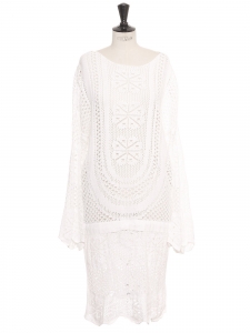 Midi length long scalloped sleeves white crochet lace dress Retail price €1300 Size L