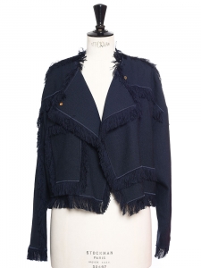 Veste courte à franges en tweed bleu marine NEUVE Px boutique 1200€ Taille 38