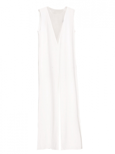 Ivory white crepe sleeveless jumpsuit with voile V neckline Retail price €590 Size XS/S