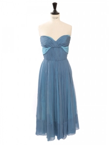 BERTILLE Turquoise and light blue silk crepe strapless dress Retail price €2400 Size 36