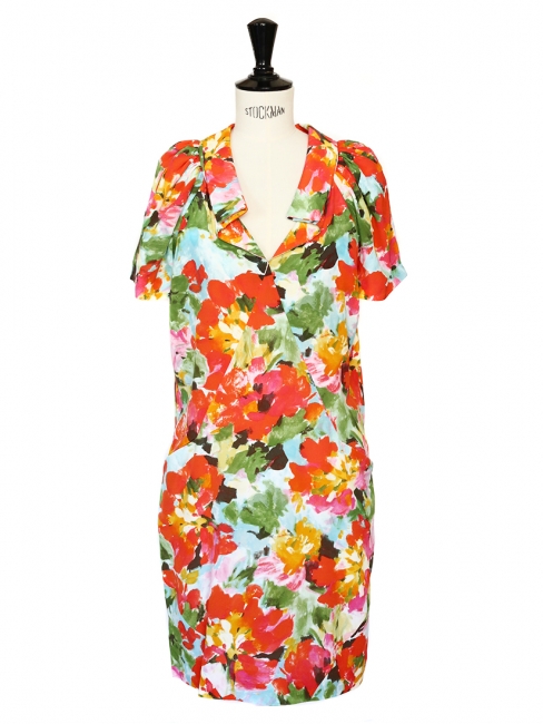 Multicolored floral printed silk dress Retail price €1800 Size S