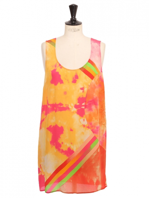 Mini robe en soie à bretelles imprimé graphique jaune rose orange Prix boutique 575€ Taille 40
