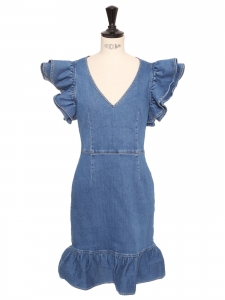Ruffled sleeved blue jean V neckline cinch and flared dress Retail €800 Size 36