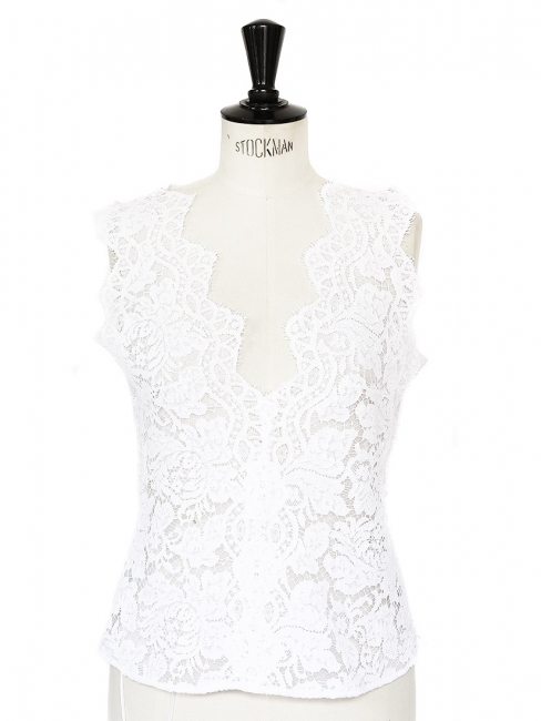 White guipure lace V neck sleeveless open back top Retail price €830 Size XS
