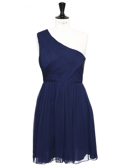 One-shoulder navy blue pleated silk chiffon dress NEW Retail price €450 Size S