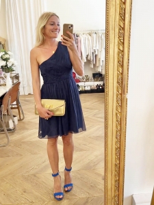 One-shoulder navy blue pleated silk chiffon dress NEW Retail price €450 Size S