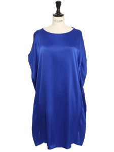 Blue fluid satin sleeveless straight cut cocktail dress Retail price €1200 Size 36