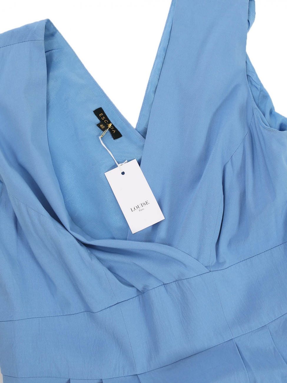 Boutique ESCADA Light blue satin price €1300 Retail dress large V strap neckline Size 40/42