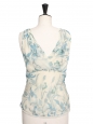 Large straps V neckline turquoise blue and cream white silk chiffon top Size M