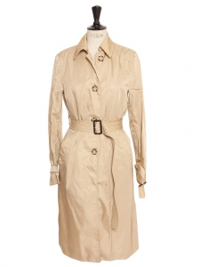 Beige nylon long belted trench coat with tortoiseshell buttons Retail price €2700 Size 36/38