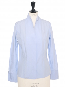Chemise manches longues en popeline de coton bleu ciel col corolle Taille 36/38 Prix boutique 150€