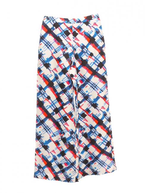 Pantalon en soie imprimé graphique multicolore rouge blanc bleu Prix boutique 2000€ Taille 36
