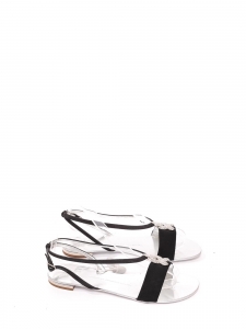 Silver leather, black gros grain and Swarovski crystal jewellery flat sandals Retail price Size 37.5