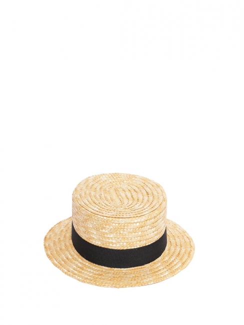 Beige straw boater hat with black ribbon Size 55
