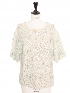 Pastel green floral lace short sleeve top with pearl and flower embroideries Retail price € Size 38