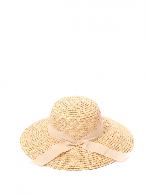 Large light beige straw sunhat with cream white ribbon Size 55