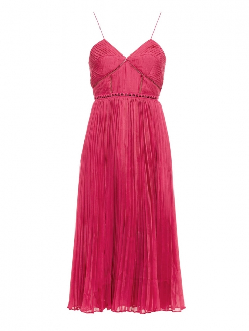 Layered lace and pleated fuchsia pink chiffon midi dress with thin straps Retail price $500 Size 36