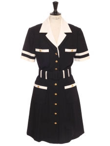 Vintage black and cream white wool dress with gold buttons Retail price €1500 Size 40