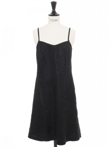 Slim-fit dress with thin straps in black linen with floral embroidery Size  34