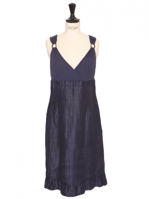 Navy blue linen and cotton empire dress with wide straps Retail price 430€ Size 38
