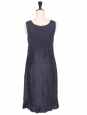 Navy blue linen and cotton empire dress with wide straps Size 38