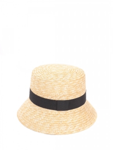 Beige straw cloche hat with black ribbon Size 60