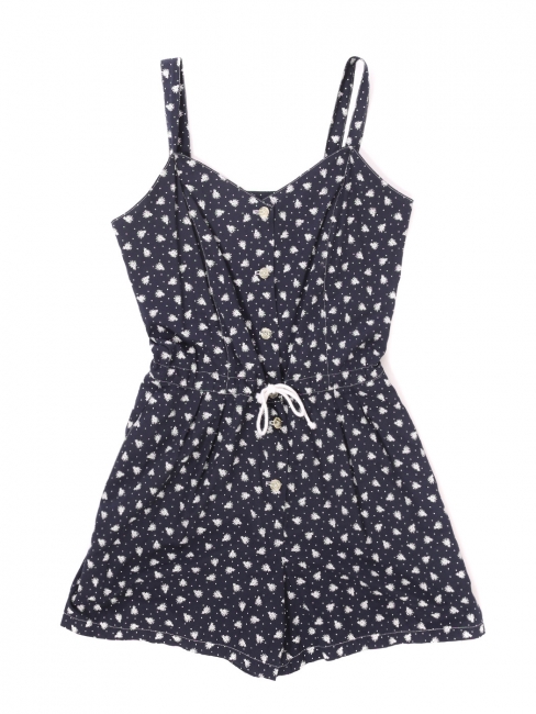 Belted playsuit with thin straps and buttonhole in navy blue cotton with white flowers Size 36