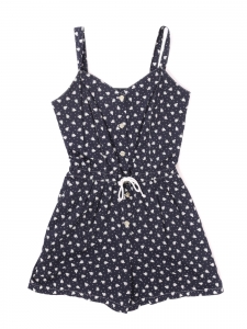 Belted jumpsuit with thin straps and buttonhole in navy blue cotton with white flowers Size 36