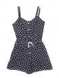 Belted playsuit with thin straps and buttonhole in navy blue cotton with white flowers Size 36