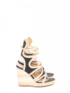Beige and navy blue canvas espadrille wedge sandals Retail price €800 Size 39