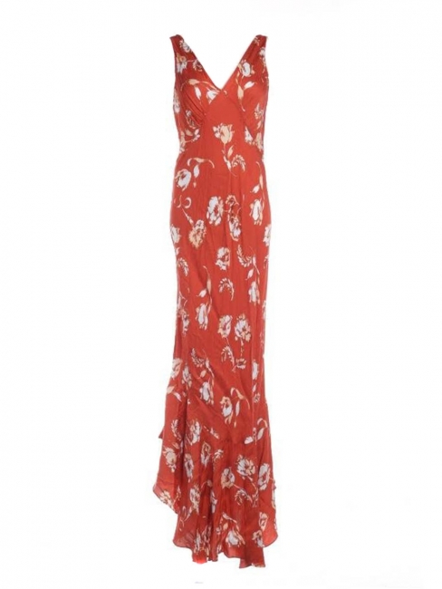 Robe longue décolleté V rouge orange à fleurs blanches  Prix boutique 550€ Taille 40