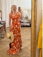 Red-orange long dress with white flowers Size 36