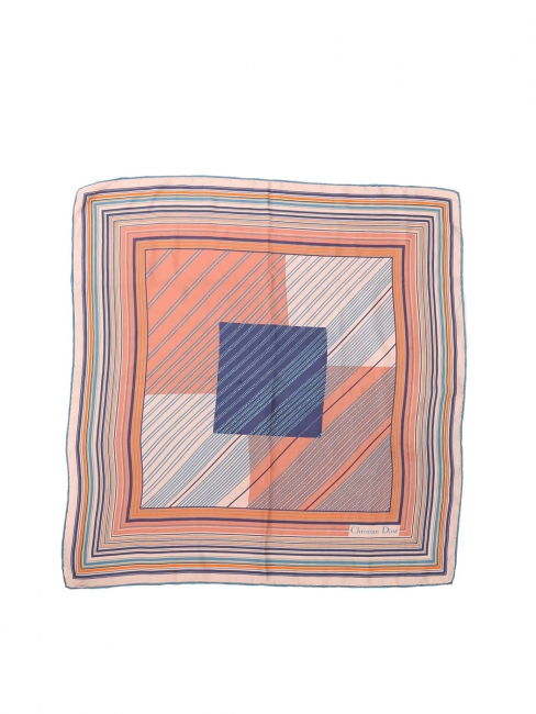 Square silk scarf with orange, blue and white stripes graphic print