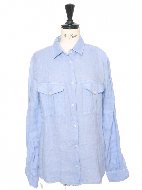 Chemise manches longues à poches en lin bleu clair Taille 38